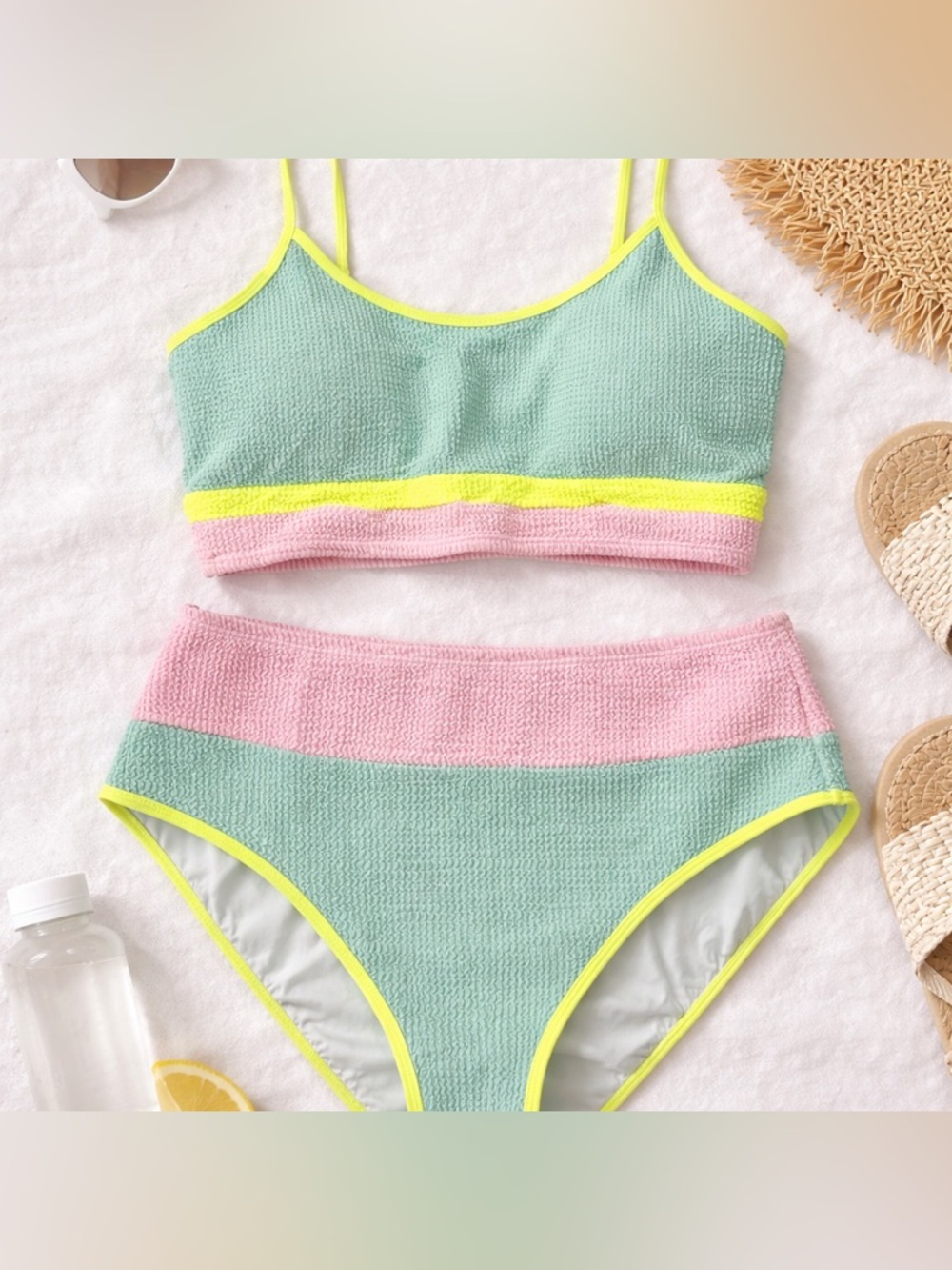 Colorblock Crinkle Bikini Set Neon Trim Green Pink High Waist XL